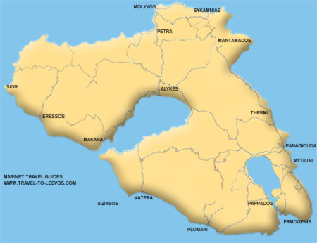 Lesvos map - Travel to Lesvos -  The Ionian island of Lesvos, Greece complete guide with information on LESVOS, MOLYVOS, PLOMARI, VATERA, THERMI, PETRA, ERESSOS, SYKAMNIAS, ARCHAOLOGICAL MUSEUM OF MYTILENE - OLD BUILDING, ARCHAOLOGICAL MUSEUM OF MYTILENE - NEW BUIDING, PERIODICAL EXHIBITION, VARELTZIDAINA'S MANSION, TERIADE MUSEUM - LIBRARY, MUSEUM OF WORKS BY THEOPHILOS, THE ACROPOLIS OF ERESSOS (MASTOS), KLOPEDI, THE KALOKTISTOS WALL, THE THEATRE OF MYTILENE, THE ROMAN AQUEDUCT AT MORIA, FORTRESS OF SIGRI, THE FORTRESS OF MYTILINI, FORTRESS OF METHYNA, EARLY CHRISTIAN BACILICA OF ST. ANDREW AT ERESOS, FORTRESS OF MYRINA, EARLY CHRISTIAN BASILICA AT CHALINADOS, PETRIFIED FOREST OF LESVOS, AGIA PARASKEYI, MYTILENE, KALONI, REFUGEE OF MINOR ASIA MUSEUM 1922, 